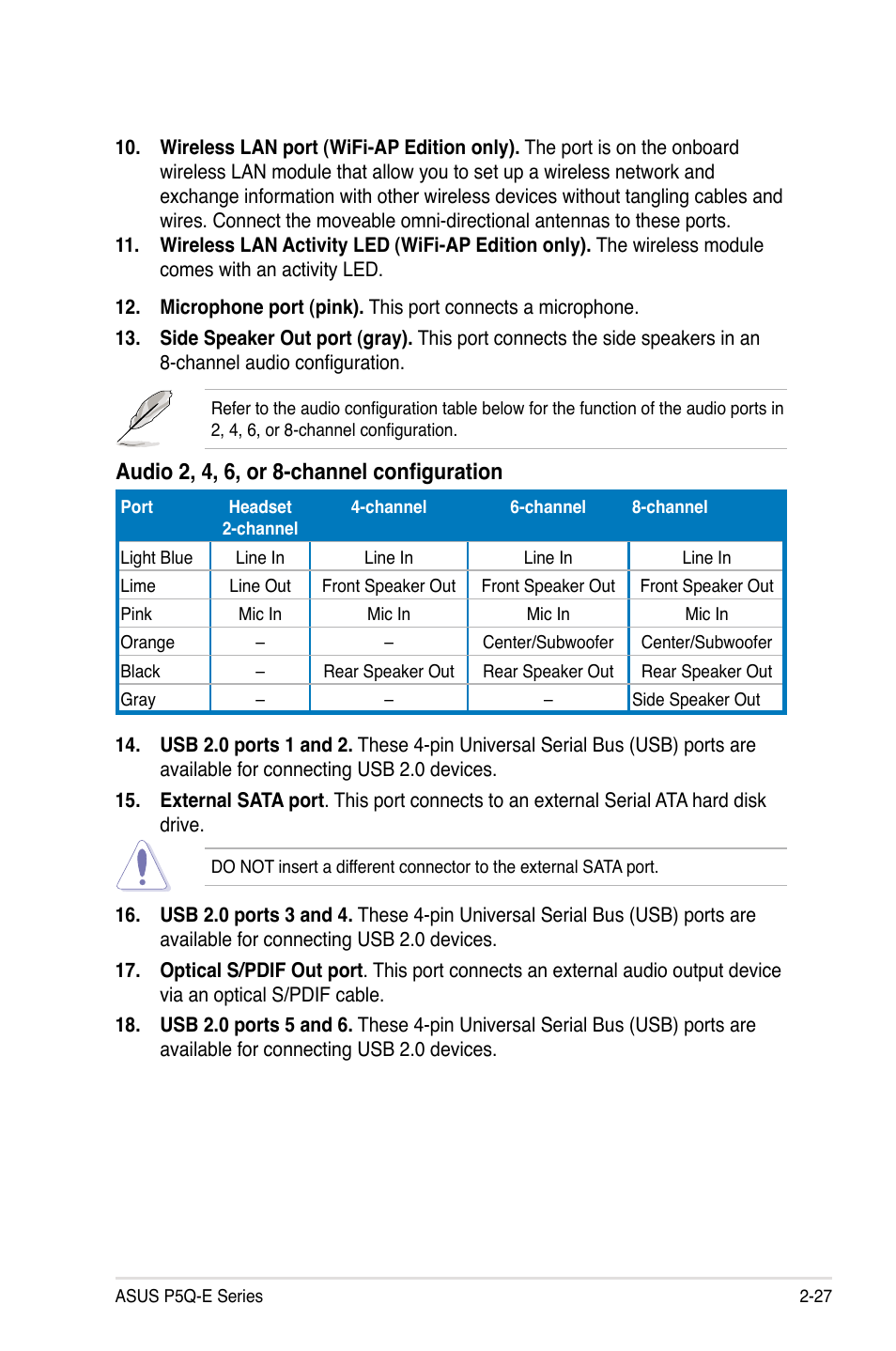 Audio 2, 4, 6, or 8-channel configuration | Asus P5Q-E/WiFi-AP User Manual | Page 53 / 192