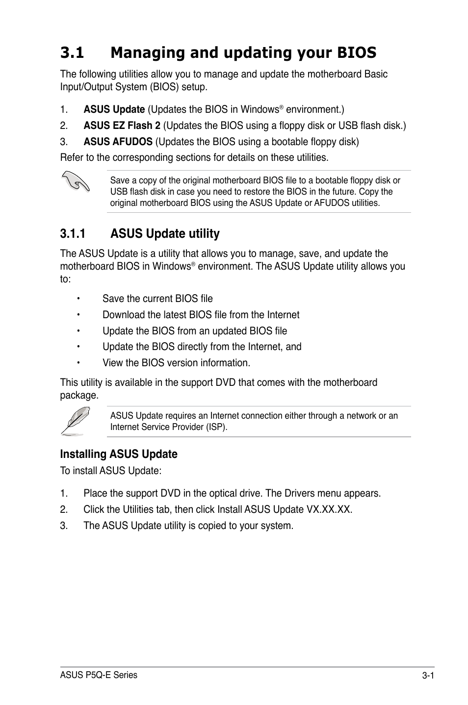 1 managing and updating your bios, 1 asus update utility, Managing and updating your bios -1 3.1.1 | Asus update utility -1 | Asus P5Q-E/WiFi-AP User Manual | Page 71 / 192