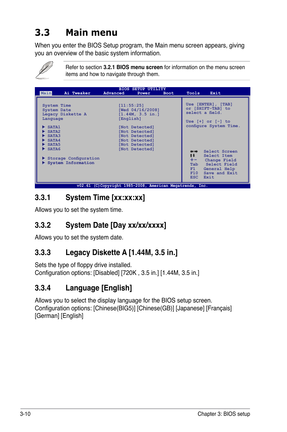 3 main menu, 1 system time [xx:xx:xx, 2 system date [day xx/xx/xxxx | 3 legacy diskette a [1.44m, 3.5 in, 4 language [english, Main menu -10 3.3.1, System time [xx:xx:xx] -10, System date [day xx/xx/xxxx] -10, Legacy diskette a [1.44m, 3.5 in.] -10, Language [english] -10 | Asus P5Q-E/WiFi-AP User Manual | Page 80 / 192