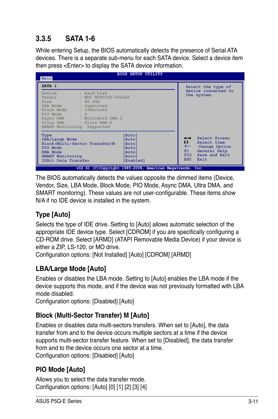 5 sata 1-6, Sata 1-6 -11, Type [auto | Lba/large mode [auto, Block (multi-sector transfer) m [auto, Pio mode [auto | Asus P5Q-E/WiFi-AP User Manual | Page 81 / 192