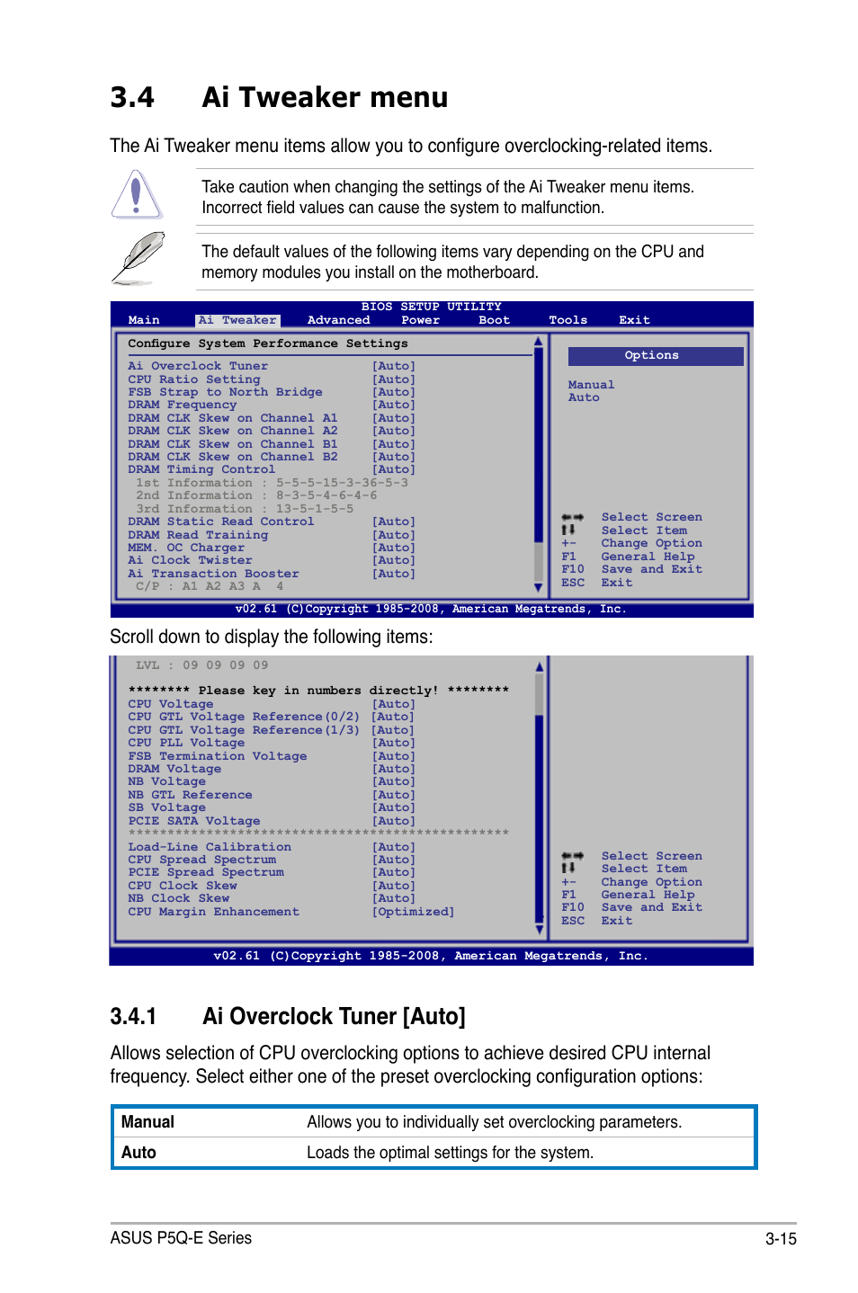 4 ai tweaker menu, 1 ai overclock tuner [auto, Ai tweaker menu -15 3.4.1 | Ai overclock tuner [auto] -15, Scroll down to display the following items, Asus p5q-e series 3-15 | Asus P5Q-E/WiFi-AP User Manual | Page 85 / 192