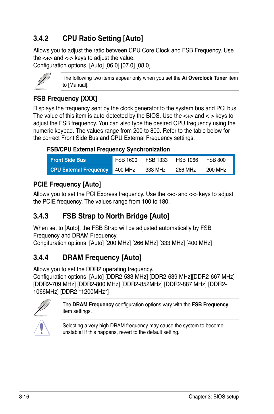 2 cpu ratio setting [auto, 3 fsb strap to north bridge [auto, 4 dram frequency [auto | Cpu ratio setting [auto] -16, Fsb strap to north bridge [auto] -16, Dram frequency [auto] -16 | Asus P5Q-E/WiFi-AP User Manual | Page 86 / 192