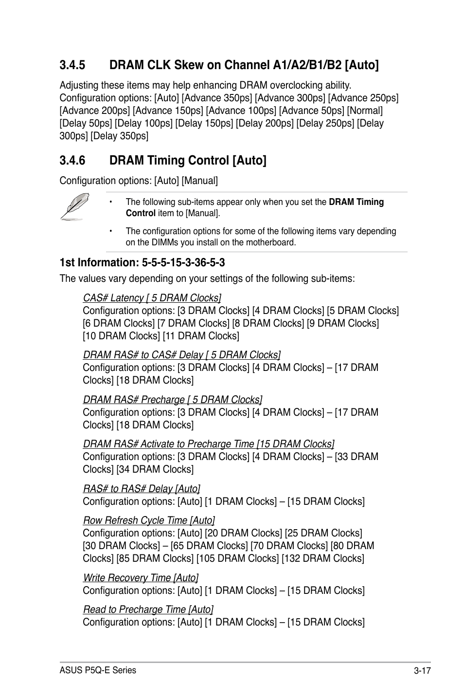 5 dram clk skew on channel a1/a2/b1/b2 [auto, 6 dram timing control [auto, Dram clk skew on channel a1/a2/b1/b2 [auto] -17 | Dram timing control [auto] -17 | Asus P5Q-E/WiFi-AP User Manual | Page 87 / 192