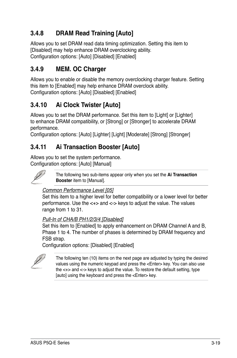 8 dram read training [auto, 9 mem. oc charger, 10 ai clock twister [auto | 11 ai transaction booster [auto, Dram read training [auto] -19, Mem. oc charger -19 | Asus P5Q-E/WiFi-AP User Manual | Page 89 / 192