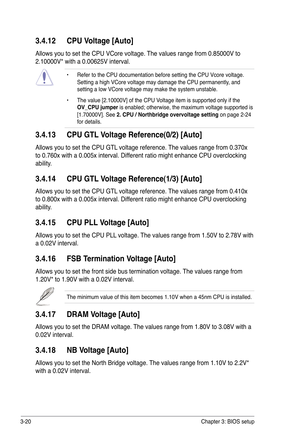 12 cpu voltage [auto, 13 cpu gtl voltage reference(0/2) [auto, 14 cpu gtl voltage reference(1/3) [auto | 15 cpu pll voltage [auto, 16 fsb termination voltage [auto, 17 dram voltage [auto, 18 nb voltage [auto | Asus P5Q-E/WiFi-AP User Manual | Page 90 / 192