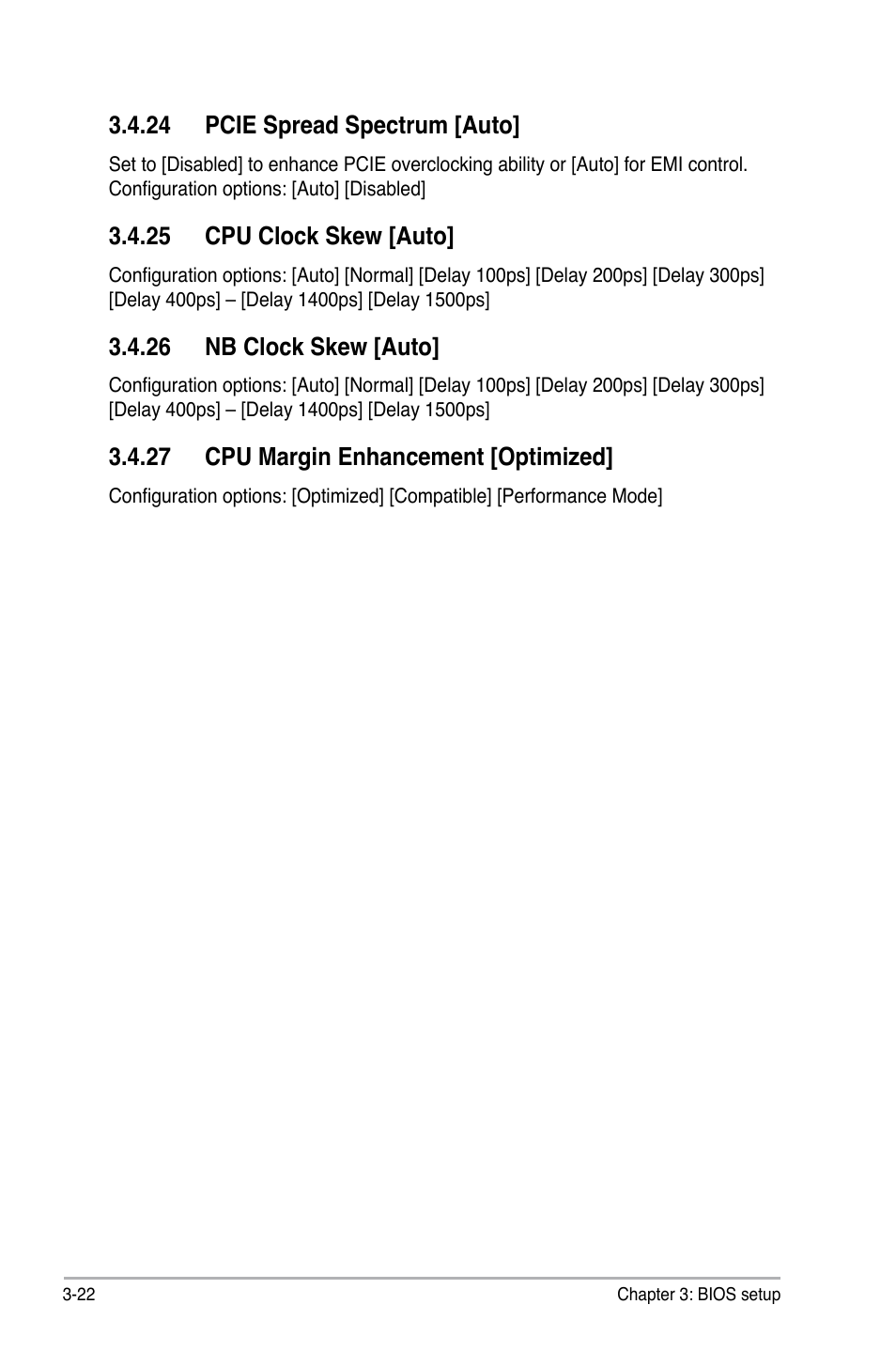 24 pcie spread spectrum [auto, 25 cpu clock skew [auto, 26 nb clock skew [auto | 27 cpu margin enhancement [optimized | Asus P5Q-E/WiFi-AP User Manual | Page 92 / 192