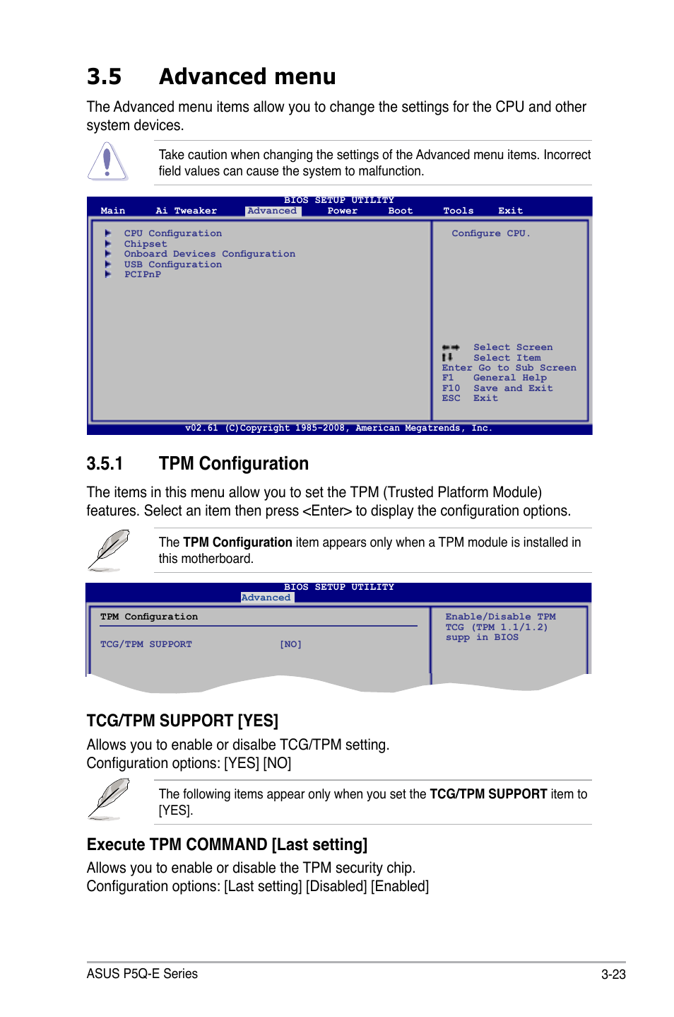 5 advanced menu, 1 tpm configuration, Advanced menu -23 3.5.1 | Tpm configuration -23, Tcg/tpm support [yes, Execute tpm command [last setting | Asus P5Q-E/WiFi-AP User Manual | Page 93 / 192