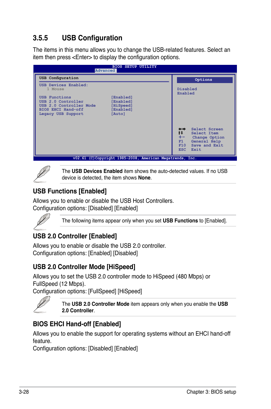 5 usb configuration, Usb configuration -28, Usb functions [enabled | Usb 2.0 controller [enabled, Usb 2.0 controller mode [hispeed, Bios ehci hand-off [enabled | Asus P5Q-E/WiFi-AP User Manual | Page 98 / 192