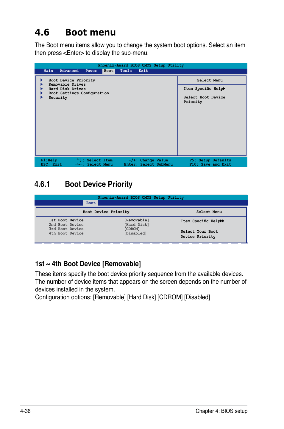 6 boot menu, 1 boot device priority, 1st ~ 4th boot device [removable | Asus P5NT WS User Manual | Page 100 / 160
