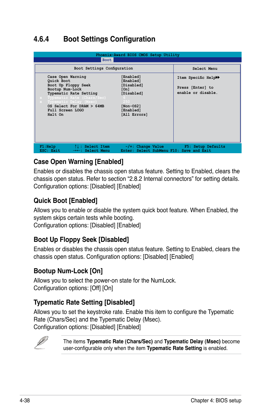 4 boot settings configuration, Case open warning [enabled, Quick boot [enabled | Boot up floppy seek [disabled, Bootup num-lock [on, Typematic rate setting [disabled | Asus P5NT WS User Manual | Page 102 / 160