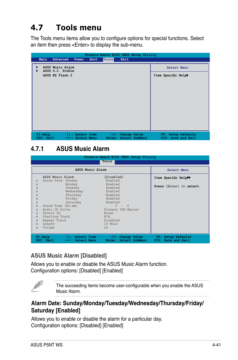 7 tools menu, 1 asus music alarm, Asus music alarm [disabled | Asus P5NT WS User Manual | Page 105 / 160