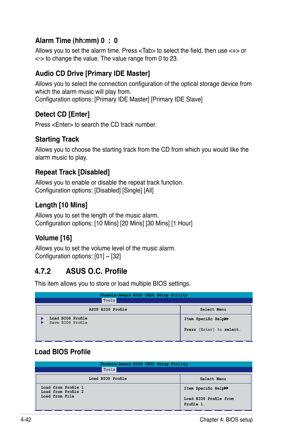 2 asus o.c. profile, Load bios profile alarm time (hh:mm) 0 : 0, Audio cd drive [primary ide master | Detect cd [enter, Starting track, Repeat track [disabled, Length [10 mins, Volume [16 | Asus P5NT WS User Manual | Page 106 / 160