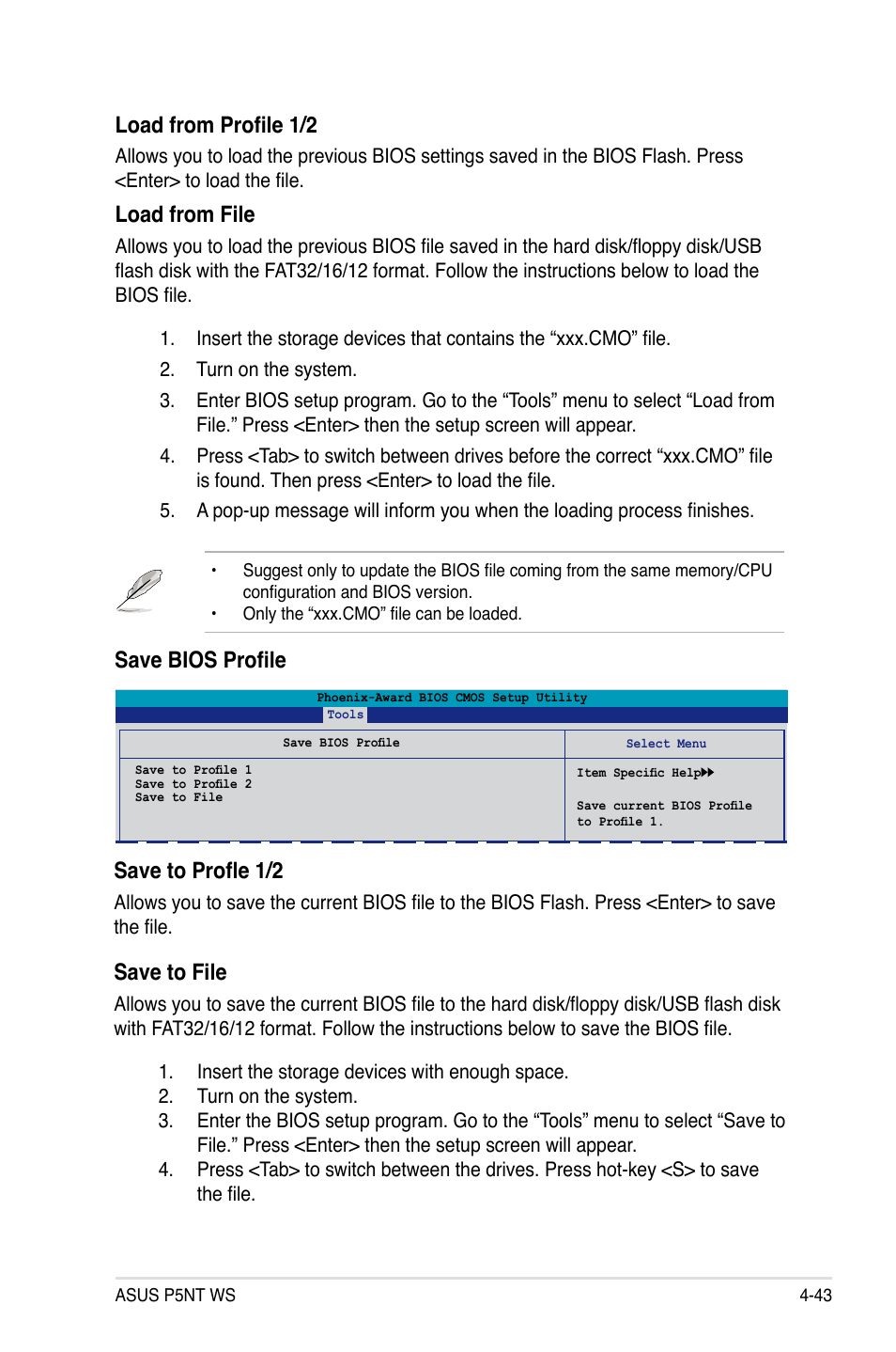 Load from profile 1/2, Load from file, Save bios profile save to profle 1/2 | Save to file | Asus P5NT WS User Manual | Page 107 / 160