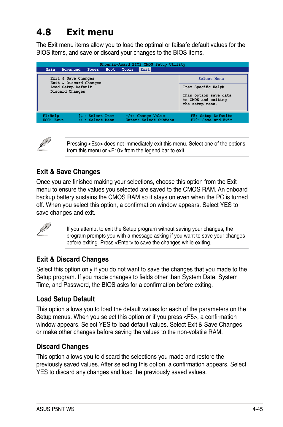 8 exit menu, Exit & save changes, Exit & discard changes | Load setup default, Discard changes | Asus P5NT WS User Manual | Page 109 / 160