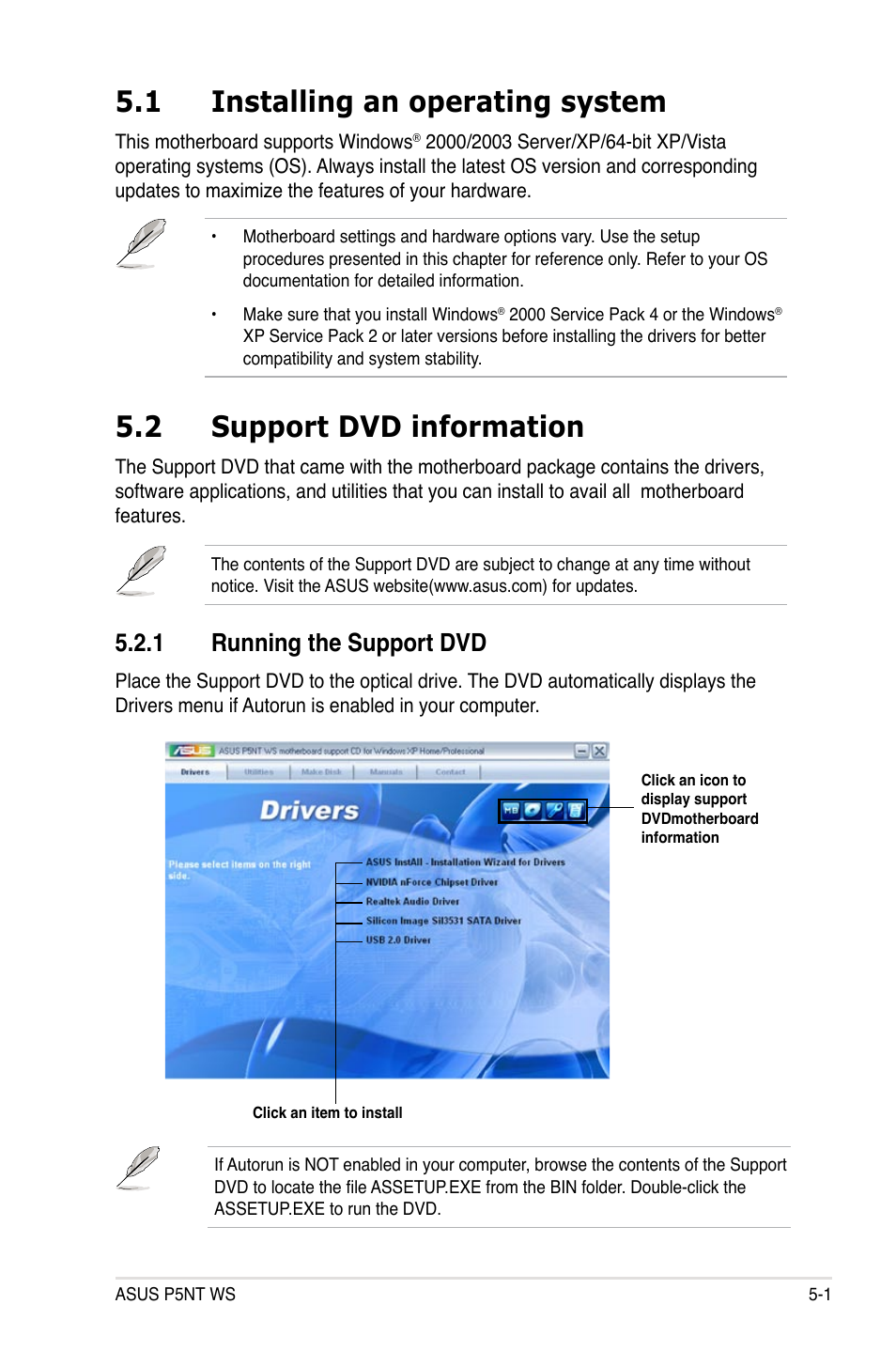 1 installing an operating system, 2 support dvd information, 1 running the support dvd | Asus P5NT WS User Manual | Page 113 / 160