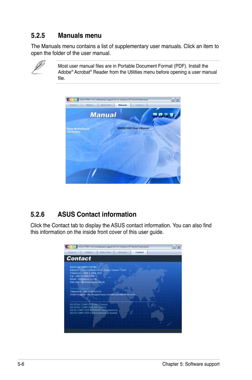 6 asus contact information, 5 manuals menu | Asus P5NT WS User Manual | Page 118 / 160