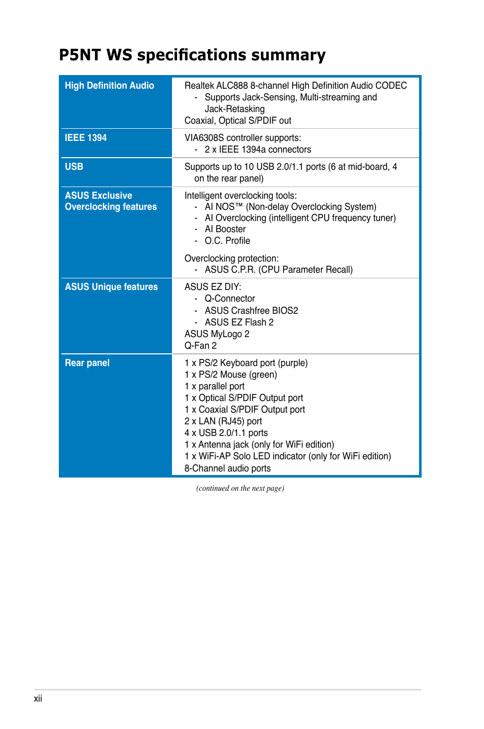 P5nt ws specifications summary | Asus P5NT WS User Manual | Page 12 / 160