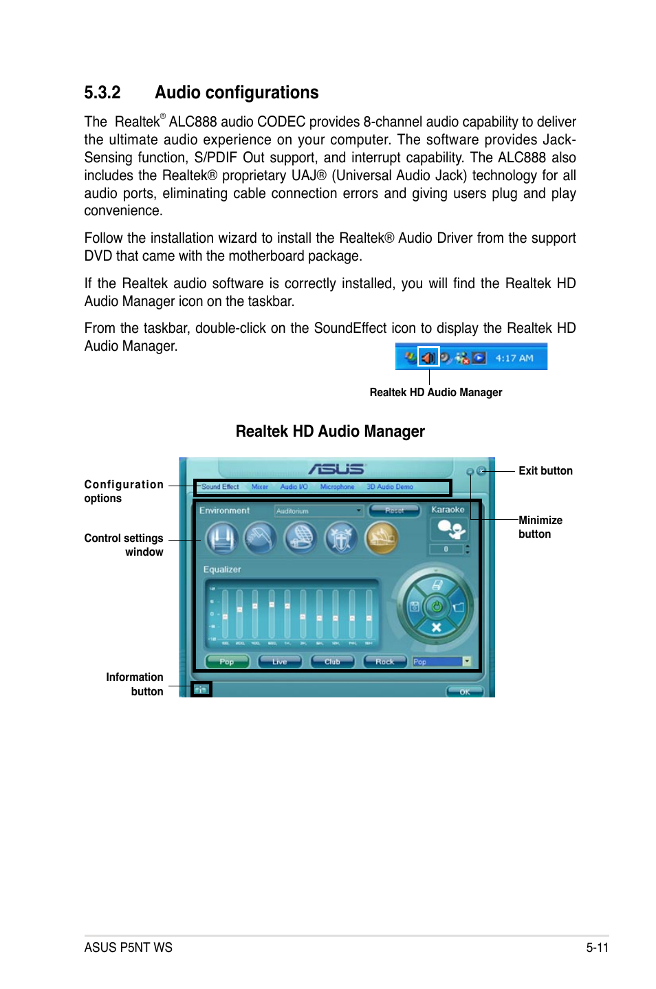 2 audio configurations, Realtek hd audio manager | Asus P5NT WS User Manual | Page 123 / 160