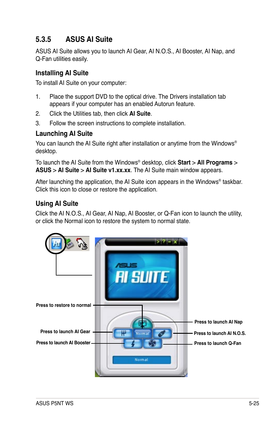 5 asus ai suite, Installing ai suite, Launching ai suite | Using ai suite | Asus P5NT WS User Manual | Page 137 / 160