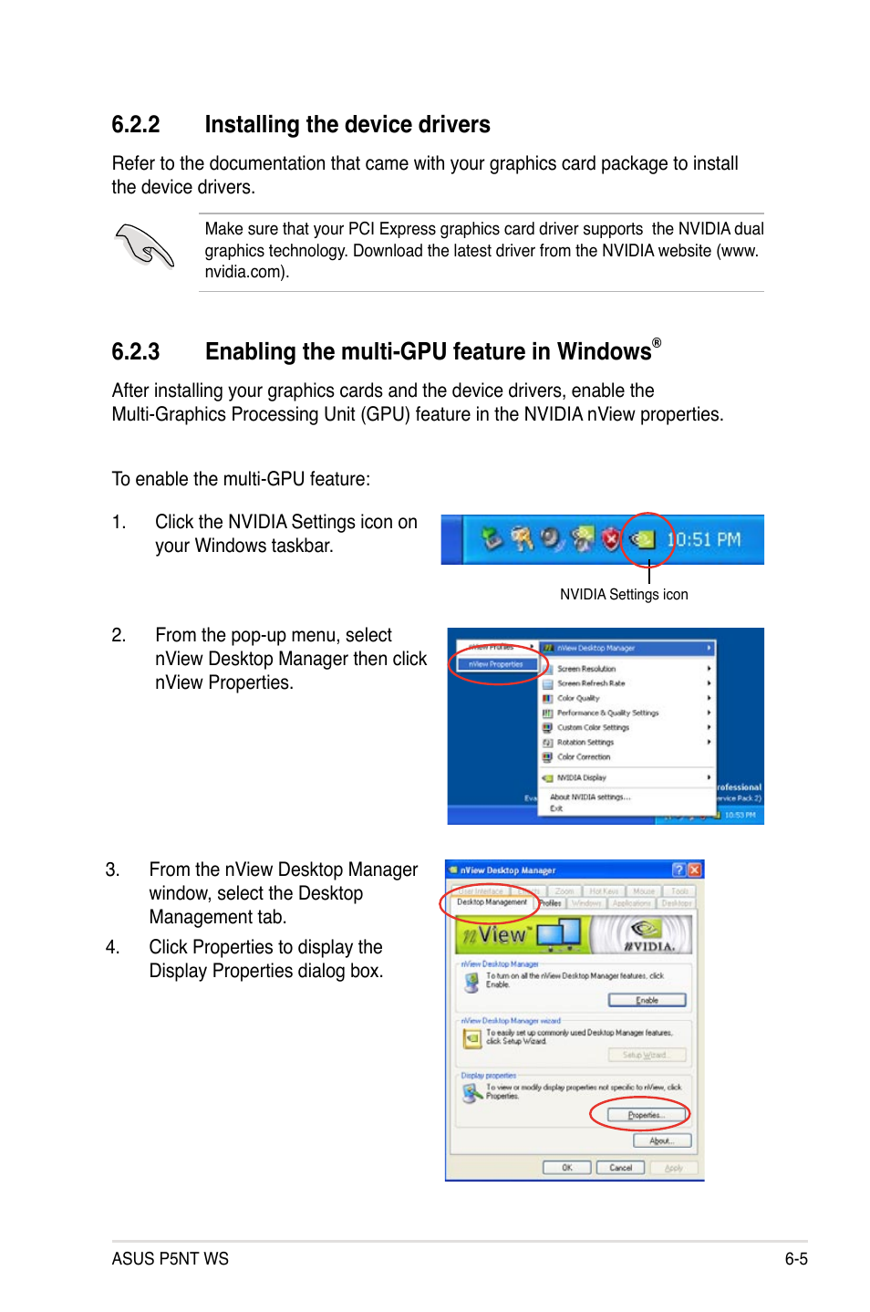 2 installing the device drivers, 3 enabling the multi-gpu feature in windows | Asus P5NT WS User Manual | Page 159 / 160