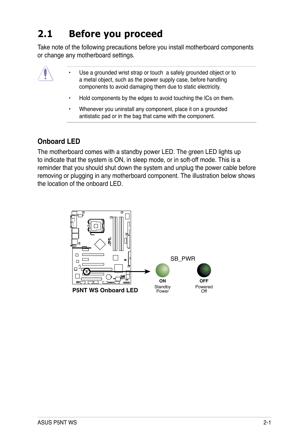 1 before you proceed, Onboard led | Asus P5NT WS User Manual | Page 25 / 160