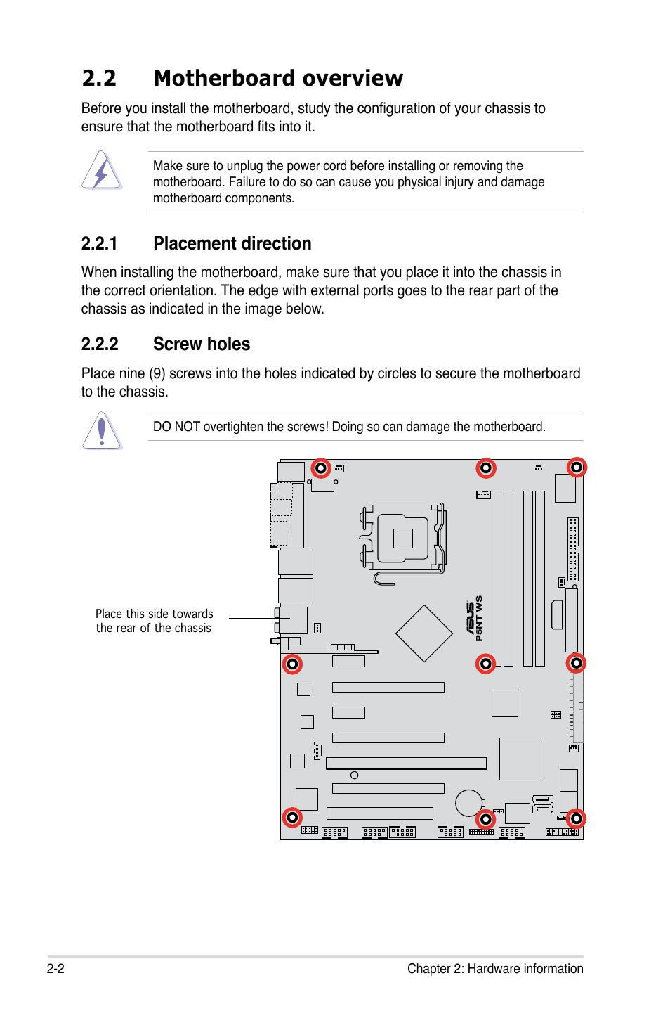 2 motherboard overview, 1 placement direction, 2 screw holes | Asus P5NT WS User Manual | Page 26 / 160