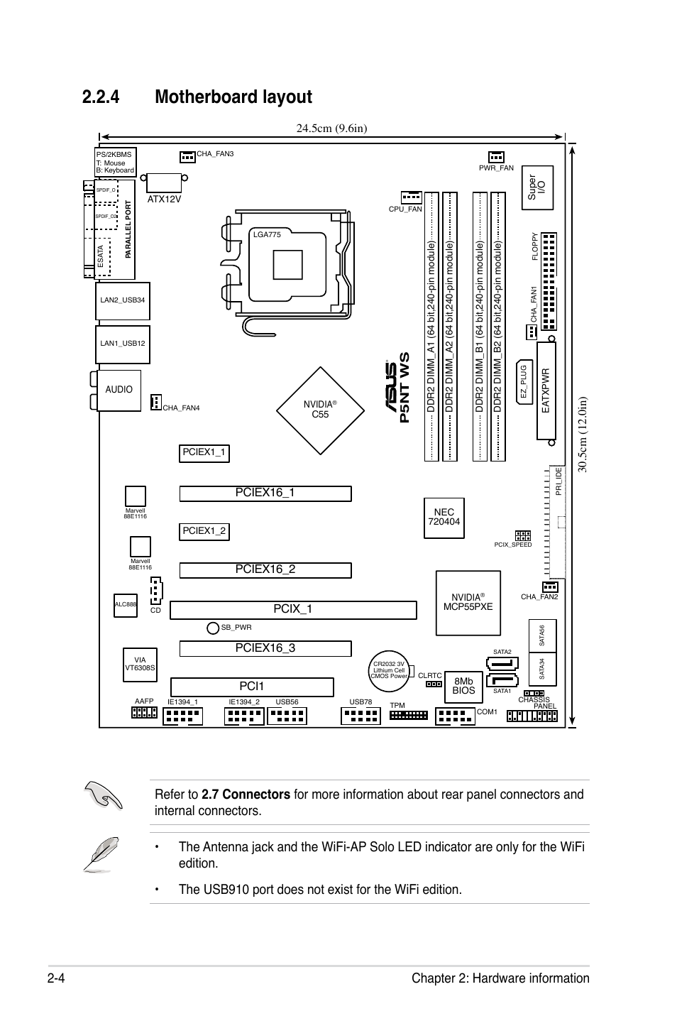 4 motherboard layout, 4 chapter 2: hardware information, P5 n t w s | 5cm (9.6in), Pciex16_1 pci1, 5cm (12.0in) | Asus P5NT WS User Manual | Page 28 / 160