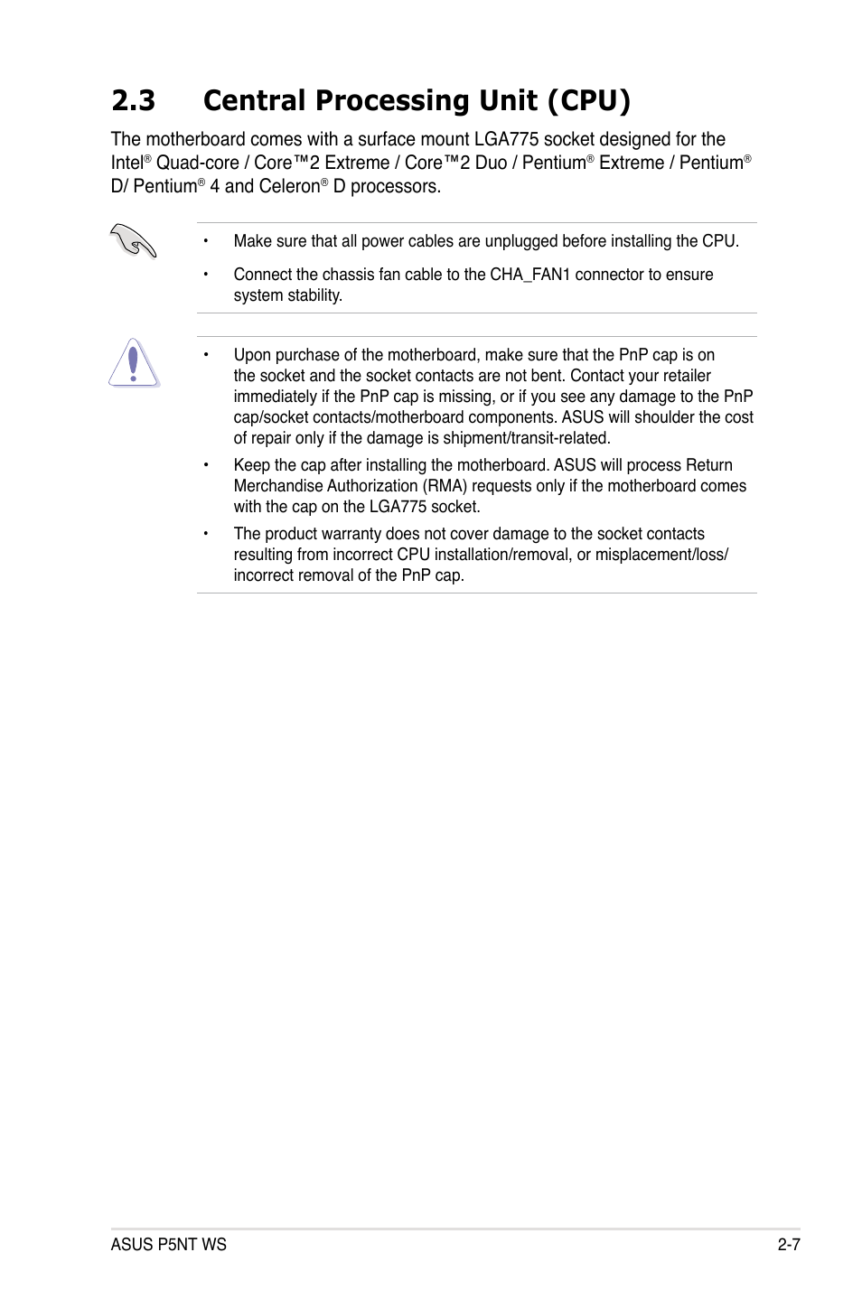 3 central processing unit (cpu) | Asus P5NT WS User Manual | Page 31 / 160