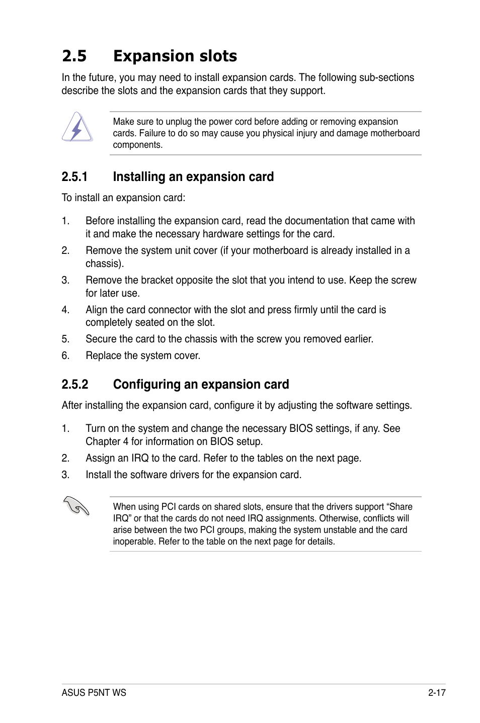 5 expansion slots, 1 installing an expansion card, 2 configuring an expansion card | Asus P5NT WS User Manual | Page 41 / 160