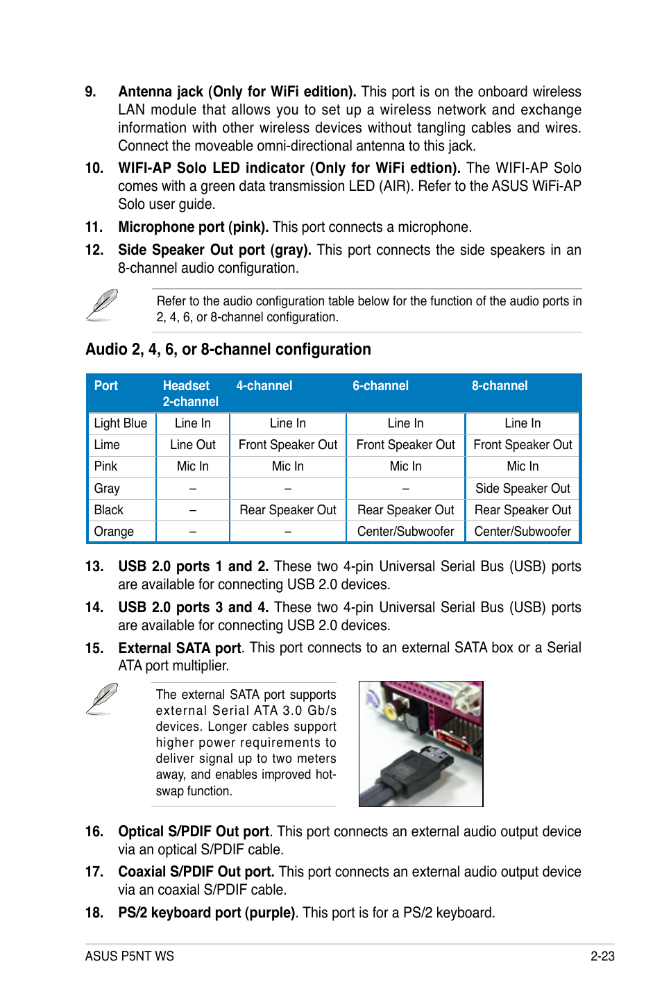 Audio 2, 4, 6, or 8-channel configuration | Asus P5NT WS User Manual | Page 47 / 160