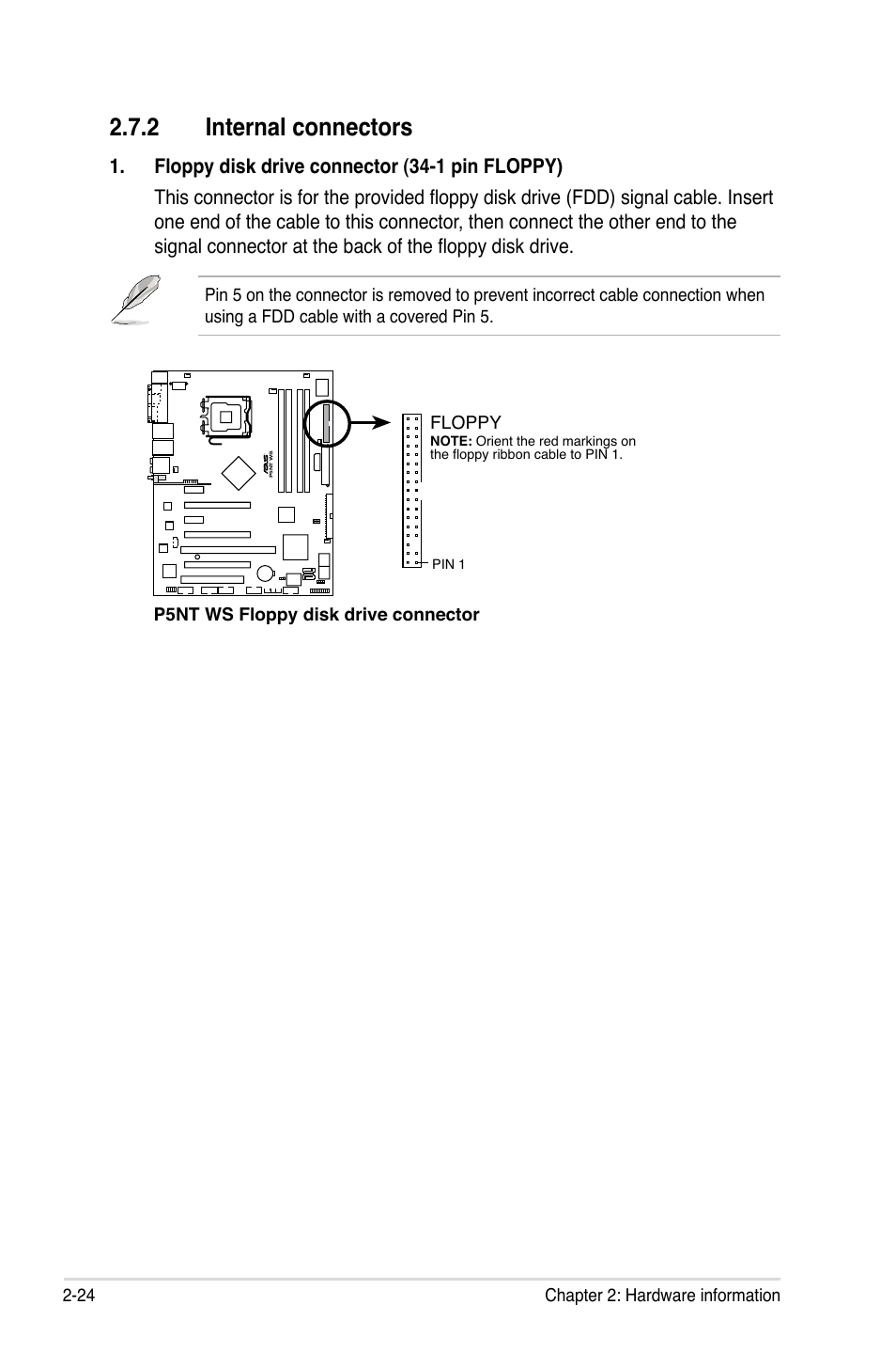 2 internal connectors, 24 chapter 2: hardware information, P5nt ws floppy disk drive connector | Floppy | Asus P5NT WS User Manual | Page 48 / 160