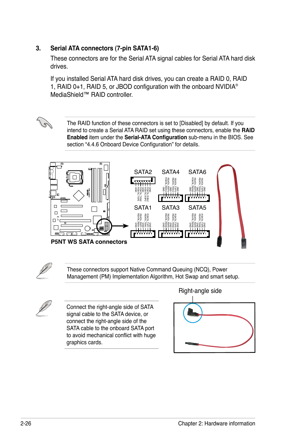 Mediashield™ raid controller, P5nt ws sata connectors sata1, Sata2 | Sata3 sata4 sata5 sata6 | Asus P5NT WS User Manual | Page 50 / 160