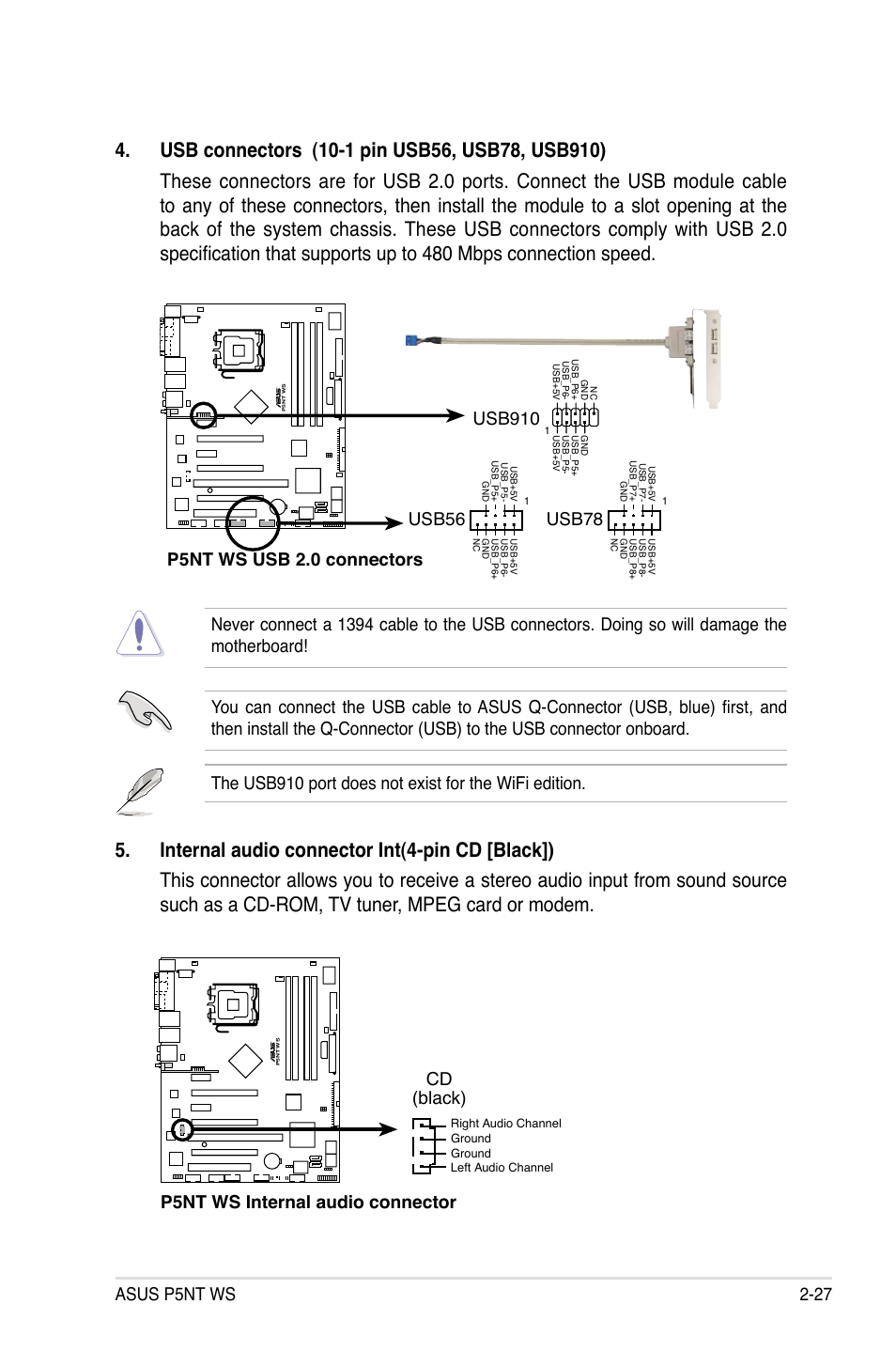 Asus p5nt ws 2-27, Usb78, P5nt ws internal audio connector cd (black) | Asus P5NT WS User Manual | Page 51 / 160