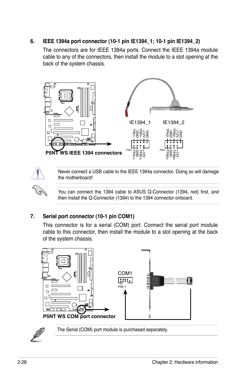 28 chapter 2: hardware information, P5nt ws com port connector, Com1 | Asus P5NT WS User Manual | Page 52 / 160