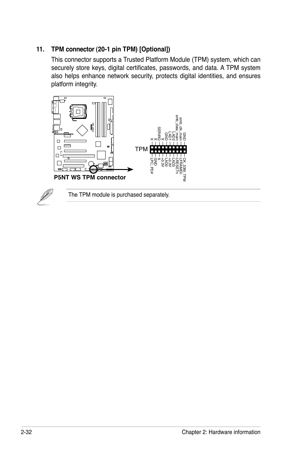 32 chapter 2: hardware information, The tpm module is purchased separately, P5nt ws tpm connector tpm | Asus P5NT WS User Manual | Page 56 / 160