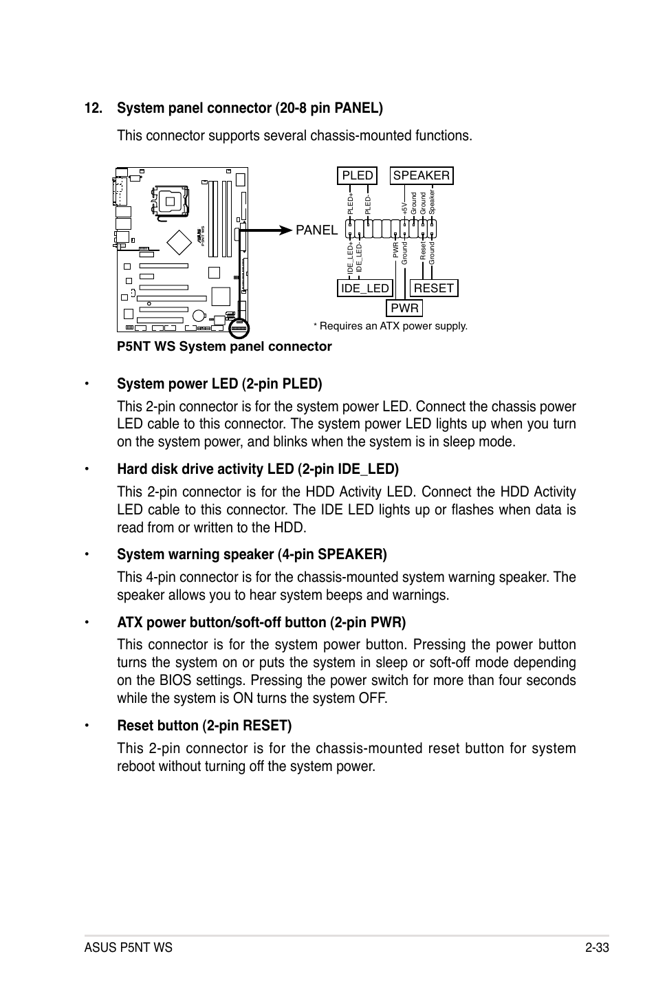Asus p5nt ws 2-33, P5nt ws system panel connector, Panel | Asus P5NT WS User Manual | Page 57 / 160