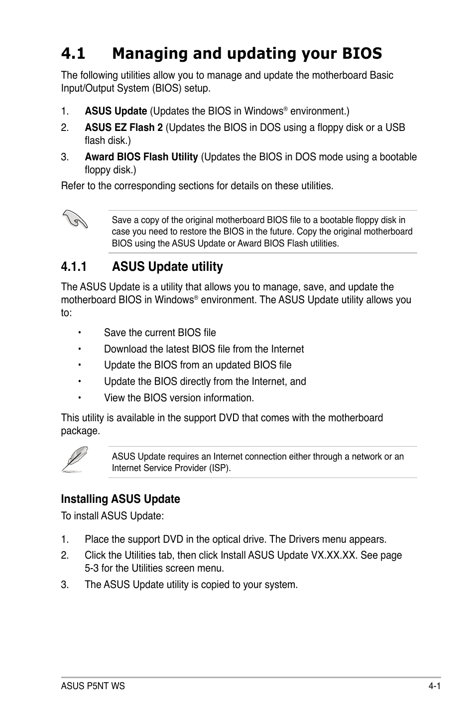 1 managing and updating your bios, 1 asus update utility | Asus P5NT WS User Manual | Page 65 / 160