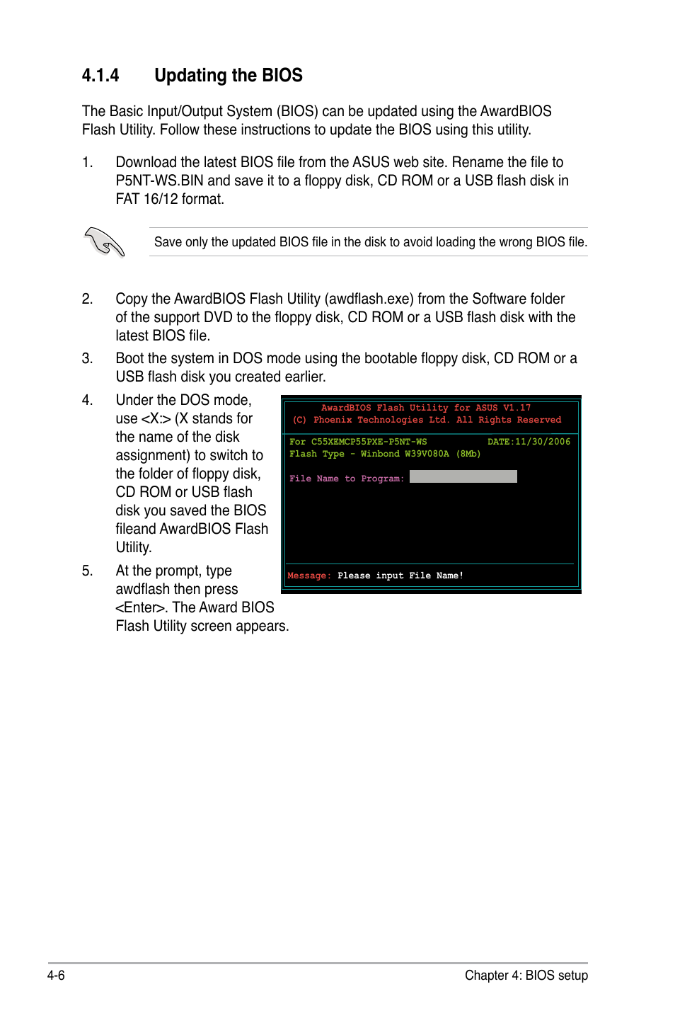 4 updating the bios | Asus P5NT WS User Manual | Page 70 / 160