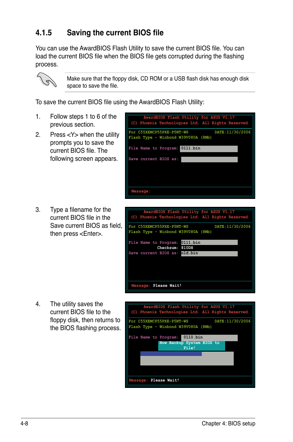 5 saving the current bios file | Asus P5NT WS User Manual | Page 72 / 160