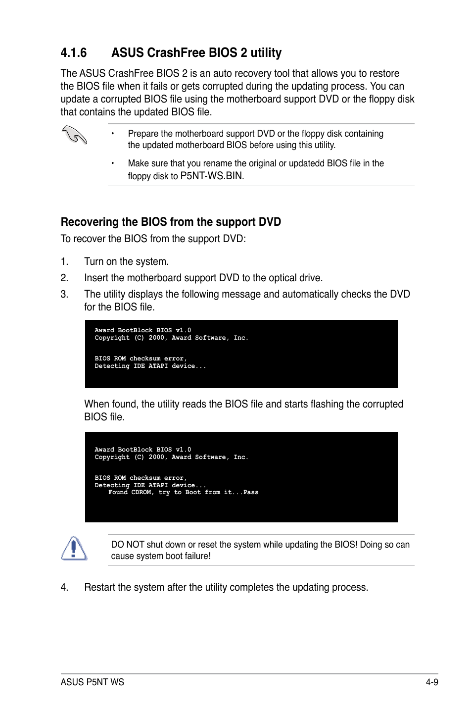 6 asus crashfree bios 2 utility, Recovering the bios from the support dvd | Asus P5NT WS User Manual | Page 73 / 160