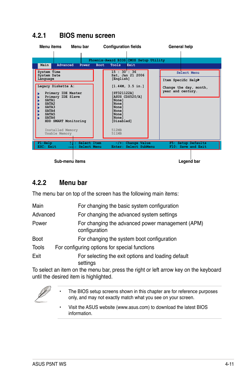 1 bios menu screen, 2 menu bar | Asus P5NT WS User Manual | Page 75 / 160