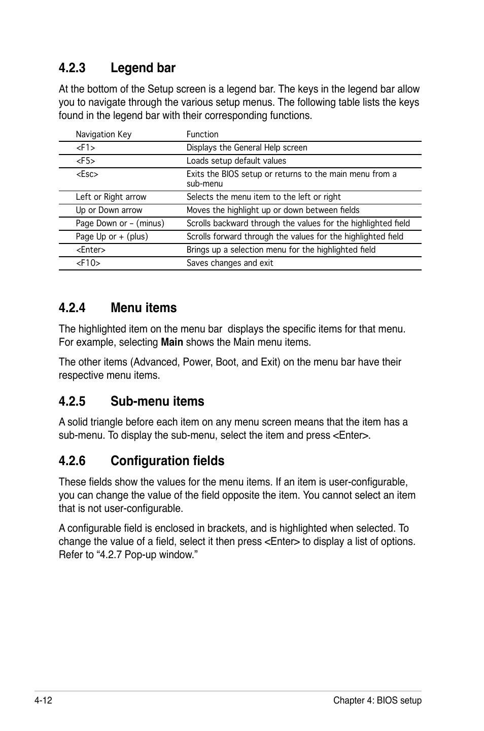 4 menu items, 5 sub-menu items, 6 configuration fields | 3 legend bar | Asus P5NT WS User Manual | Page 76 / 160