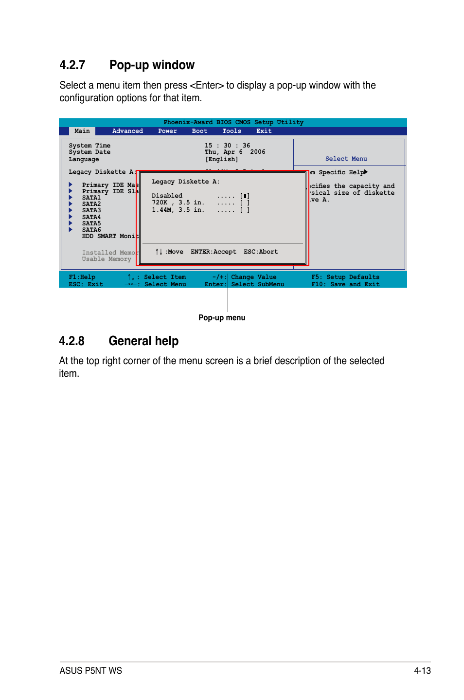 7 pop-up window, 8 general help, Asus p5nt ws 4-13 | Asus P5NT WS User Manual | Page 77 / 160