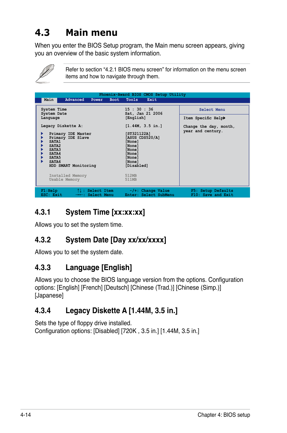 3 main menu, 1 system time [xx:xx:xx, 3 language [english | Allows you to set the system time, Allows you to set the system date | Asus P5NT WS User Manual | Page 78 / 160