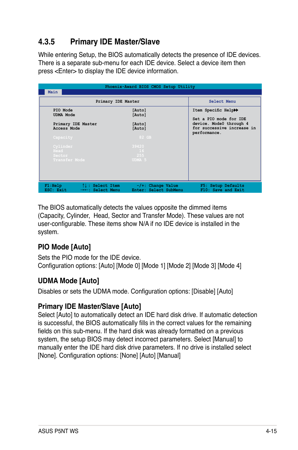 5 primary ide master/slave, Pio mode [auto, Udma mode [auto | Primary ide master/slave [auto | Asus P5NT WS User Manual | Page 79 / 160
