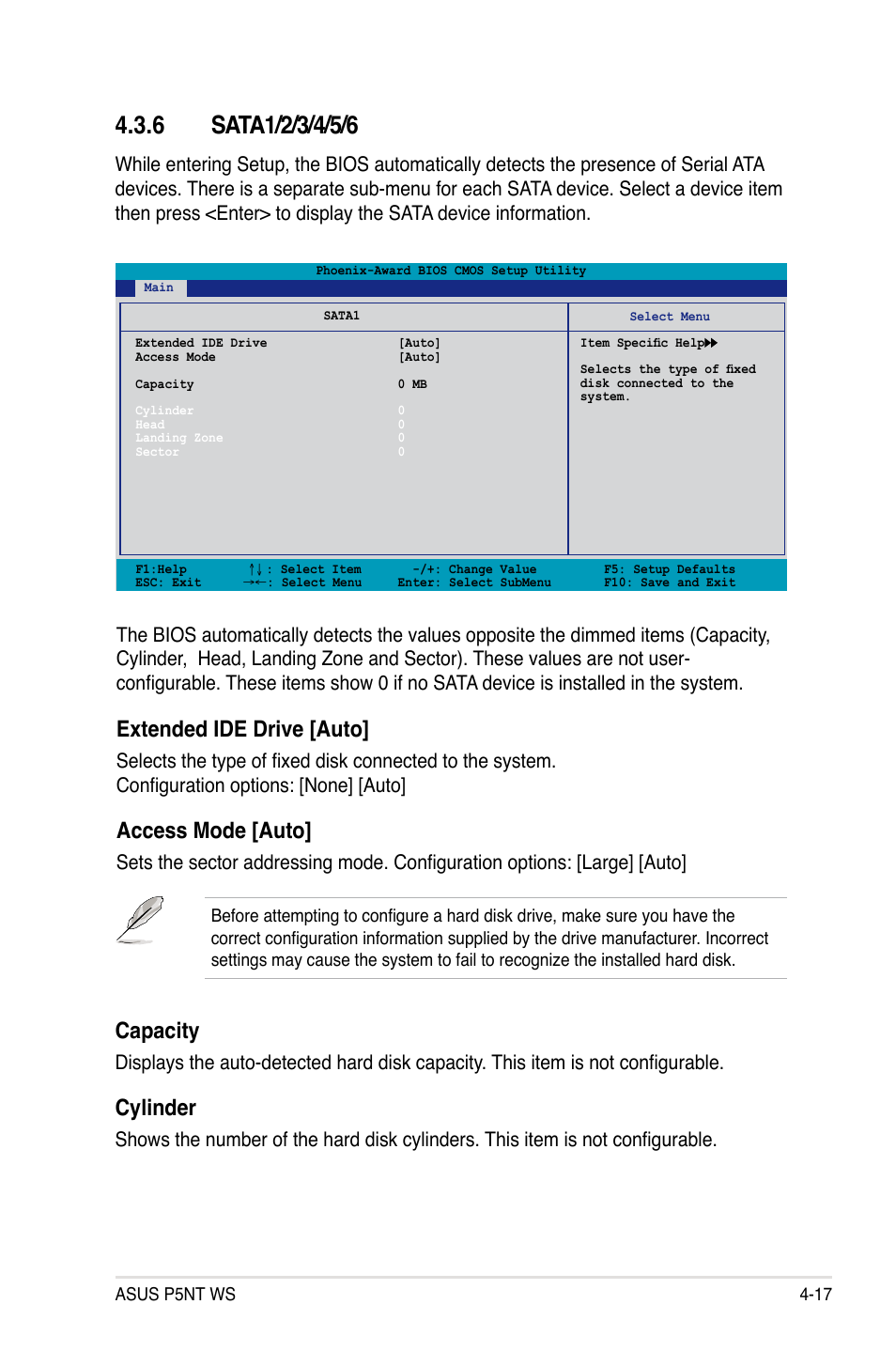 Extended ide drive [auto, Access mode [auto, Capacity | Cylinder | Asus P5NT WS User Manual | Page 81 / 160