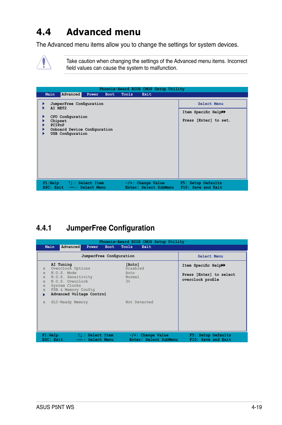 4 advanced menu, 1 jumperfree configuration, Asus p5nt ws 4-19 | Asus P5NT WS User Manual | Page 83 / 160