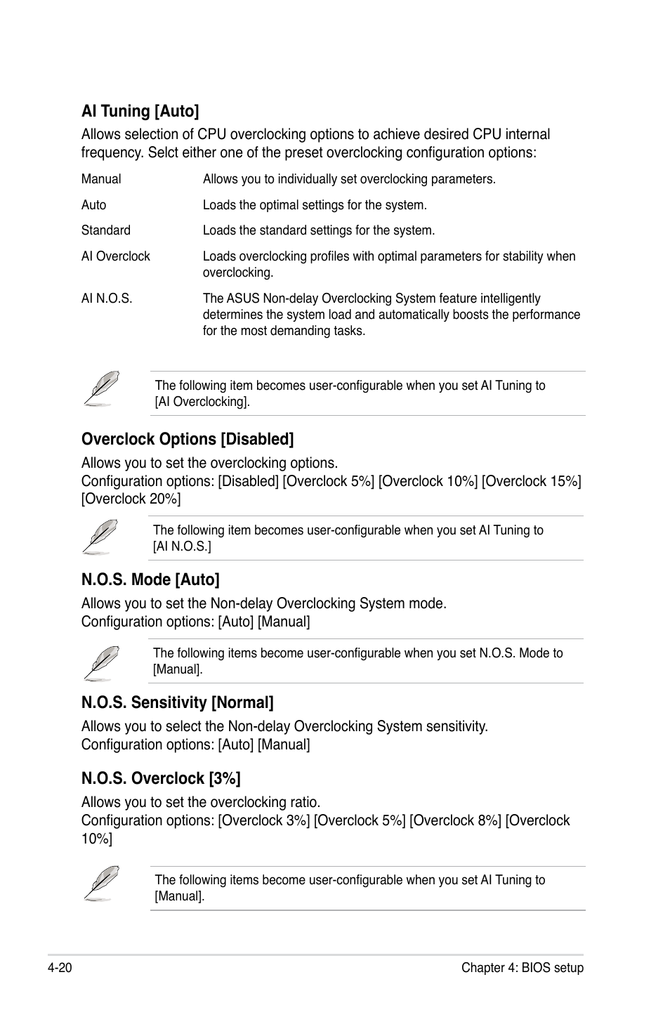 Overclock options [disabled, N.o.s. mode [auto, N.o.s. sensitivity [normal | N.o.s. overclock [3, Ai tuning [auto | Asus P5NT WS User Manual | Page 84 / 160