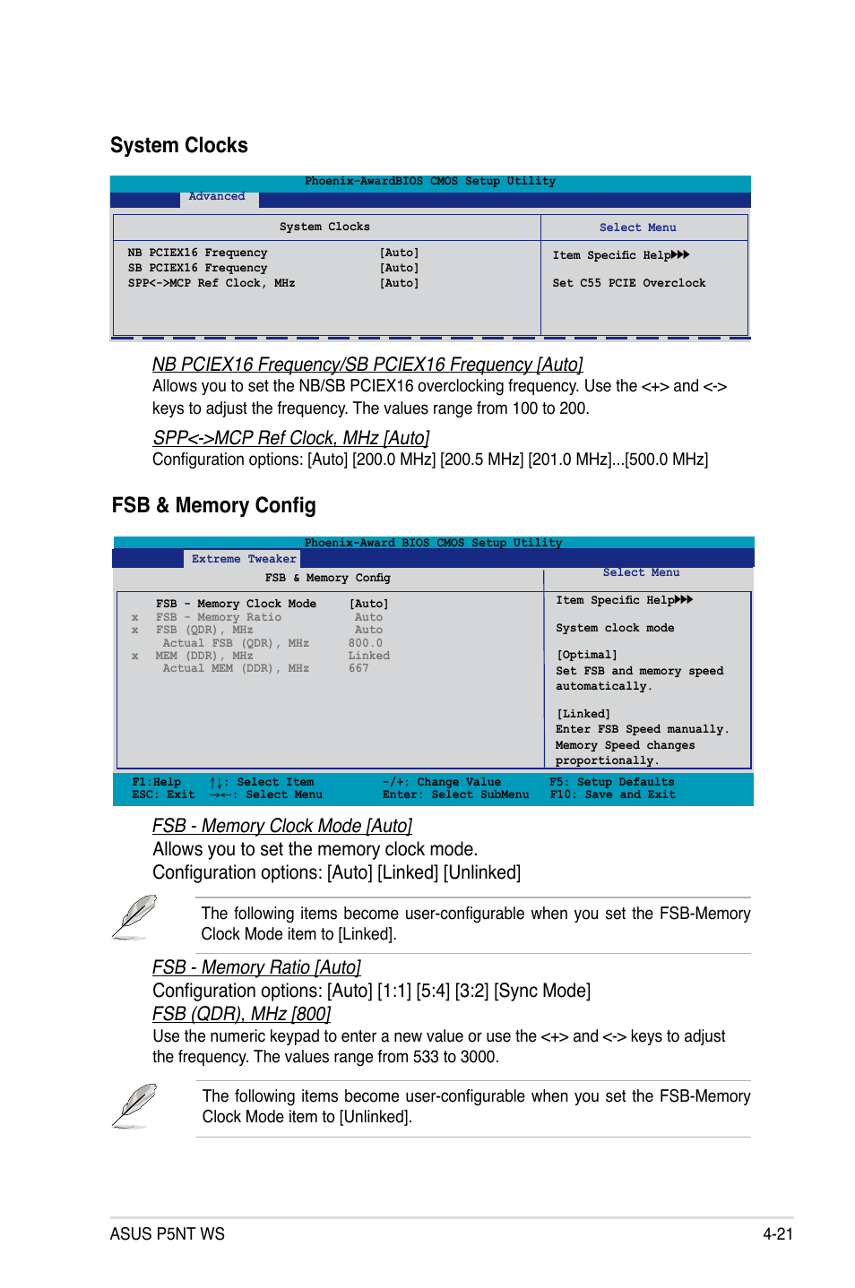 System clocks, Nb pciex16 frequency/sb pciex16 frequency [auto, Spp<->mcp ref clock, mhz [auto | Asus P5NT WS User Manual | Page 85 / 160