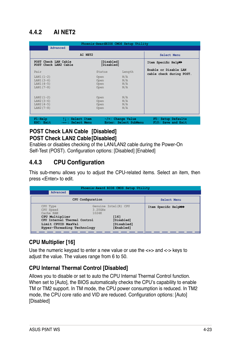 3 cpu configuration, 2 ai net2, Cpu multiplier [16 | Cpu internal thermal control [disabled | Asus P5NT WS User Manual | Page 87 / 160